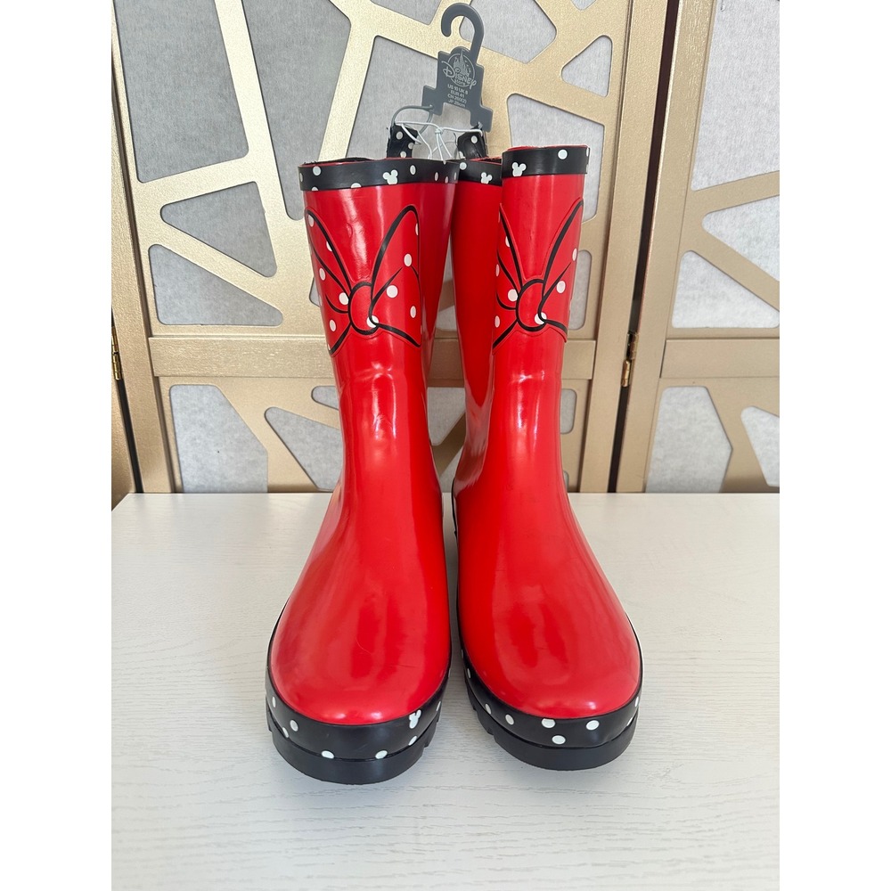 NWT Disney Minnie Mouse Red Polka Dot Rain Boots Womens SZ 10 Waterproof Rubber